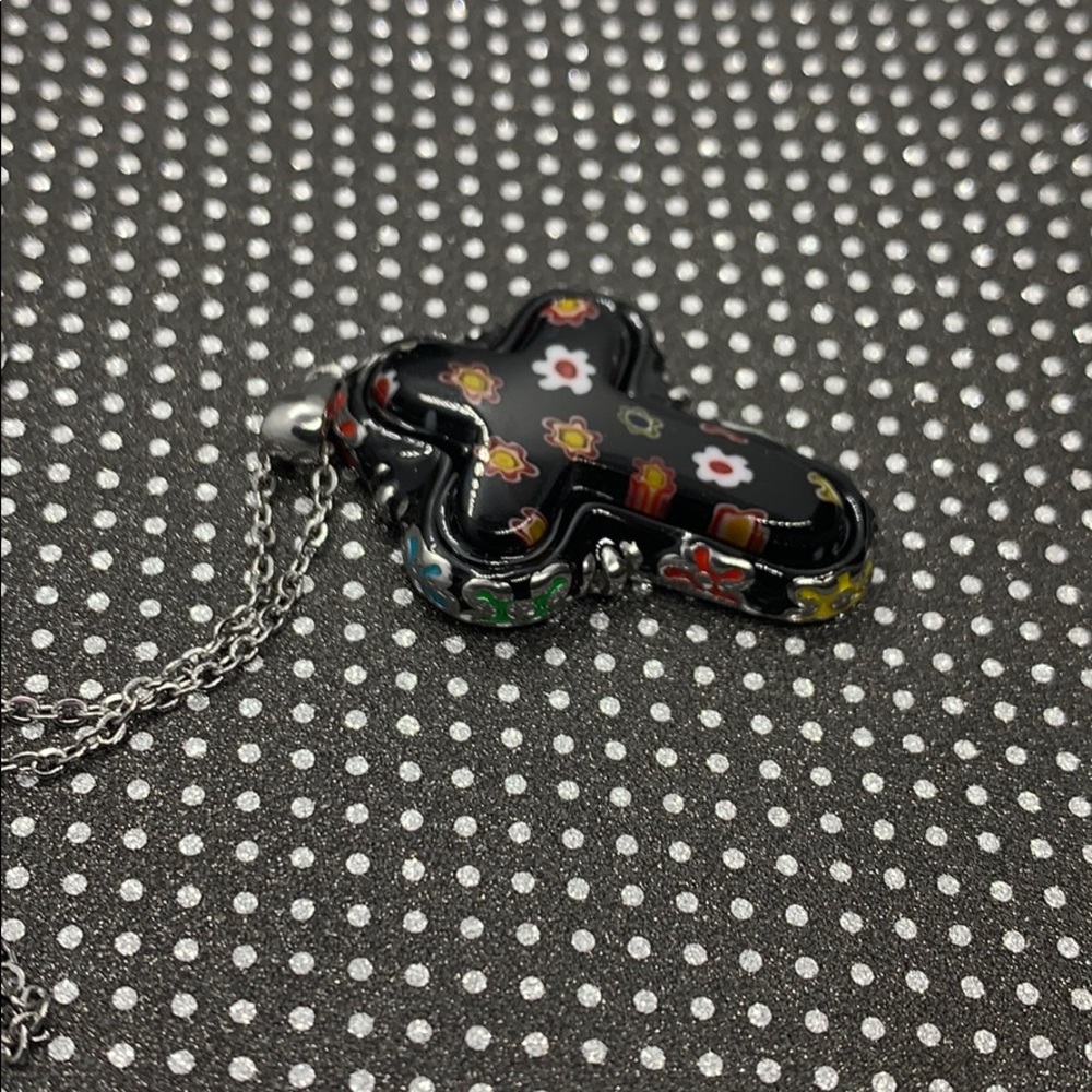Black Murano Style Enameled Cross Pendant Necklace - Picture 5 of 5